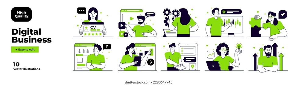 Digital Business illustrations. Mega set. Collection of scenes with men and women taking part in business activities. Vector Illustration