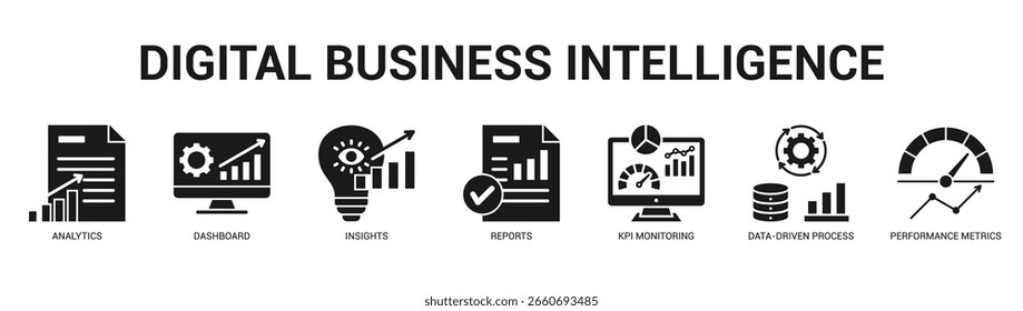 Digital Business Intelligence Ilustração moderna e limpa de banner da Web com ícones temáticos para comunicação visual