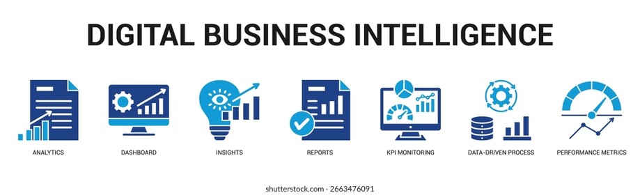 Digital Business Intelligence Modern and clean web banner illustration featuring thematic icons for visual communication