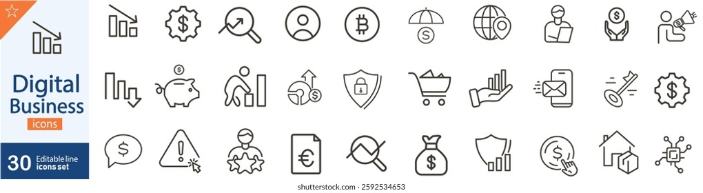 Digital Business Line Icons Set. Set of 30 outline icons related to digital business and technology. Vector illustration. Linear icons set. Digital business outline icon collection