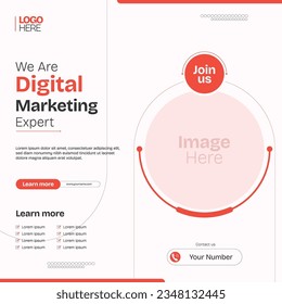 Digital business marketing banner for social media post template, fully customizable, square post template with white and red color creative.
