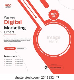 Digital business marketing banner for social media post template, fully customizable, square post template with white and red color creative.