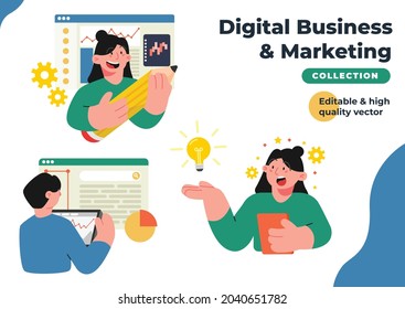 Digital business and marketing vector character set bundle. Collection of a man and woman build a business and marketing. Vector set illustration bundle collection