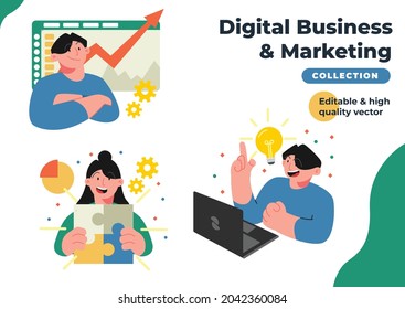 Digital business and marketing vector character set bundle. Collection of a man and woman build a business and marketing. Vector set illustration bundle collection