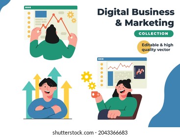 Digital business and marketing vector character set bundle. Collection of a man and woman build a business and marketing. Vector set illustration bundle collection
