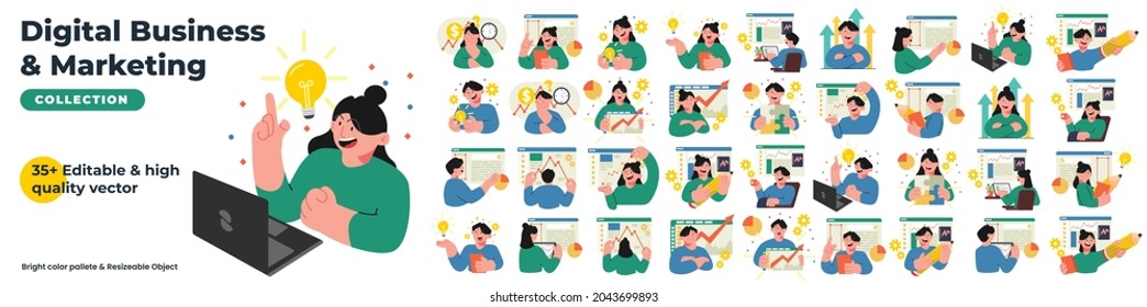 Digital business and marketing vector character mega set bundle. Collection of a man and woman building a digital business and marketing. Vector set illustration bundle collection