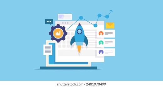 Digital business optimization, Website SEO, Business growth, Digital marketing, Website analysis, business application, vector illustration with icons