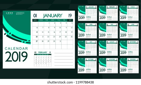 Digital Business Planner for 2019 Minimal Flat Design. Week Starts Sundays. Vector Illustration