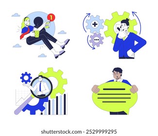 Conjunto de conceitos de ilustração 2D de gerenciamento de processos empresariais digitais. Empreendedores empregados personagens de desenhos animados isolados em branco. Coleção de vetores planos abstratos de metáforas de tecnologia empresarial