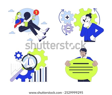 Digital business processes management 2D illustration concepts set. Entrepreneurs employees cartoon characters isolated on white. Enterprise technology metaphors abstract flat vector collection