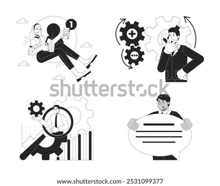 Digital business processes management black and white 2D concepts set. Entrepreneurs employees outline illustration characters isolated. Enterprise technology metaphors monochrome vector collection