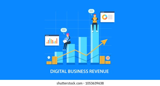 Digital business revenue - Business growth analysis - graph and chart with characters flat vector banner