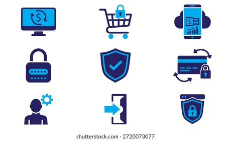 Digital business and security icon set in flat blue style featuring online services, protection, and technology symbols. Ideal for websites, mobile apps, software interfaces, dashboards, and corporate digital projects.