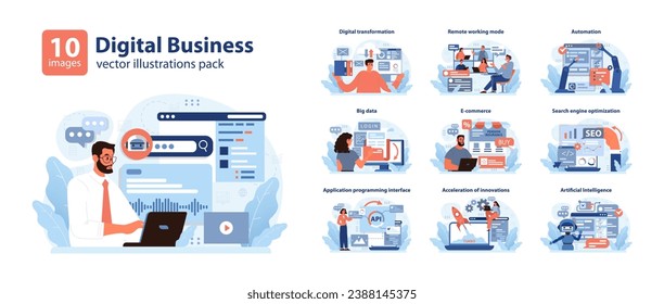 Digital Business set. Modern corporate scenarios from automation to AI. Tech-driven workflow efficiency, online commerce growth. Flat vector illustration.