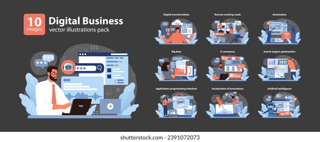 Digital Business set. Modern corporate scenarios from automation to AI. Tech-driven workflow efficiency, online commerce growth. Flat vector illustration.