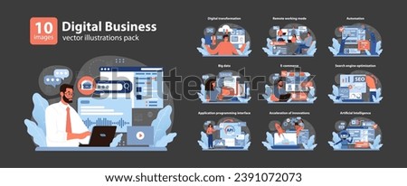 Digital Business set. Modern corporate scenarios from automation to AI. Tech-driven workflow efficiency, online commerce growth. Flat vector illustration.