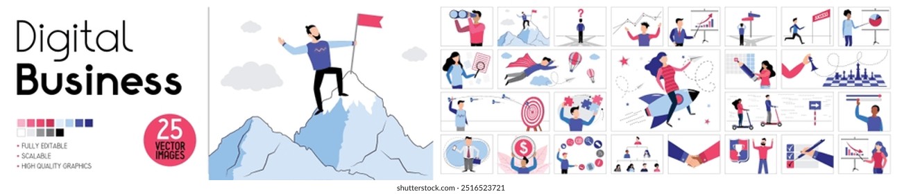 Digital business - set of vector illustrations with cartoon people related to research, goals, success, problem solving, teamwork, analytics.