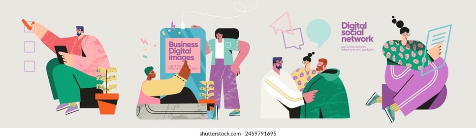 Digital business, social networks and instant messengers, using a smartphone, telephone and tablet, making a check mark and communication. Vector illustrations of modern bright trendy characters for i