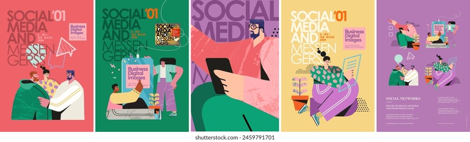 Negocio digital, redes sociales y mensajería instantánea, utilizando un smartphone, teléfono y tableta, marcando una marca de verificación y comunicación. Ilustraciones vectoriales de personajes modernos y brillantes de moda para i