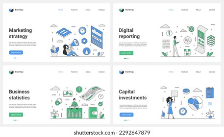 Digital of business statistics, capital investment, marketing strategy set vector illustration. Cartoon tiny people research market, advertising comercial product for customers with megaphone