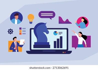 Estrategia de Negocio Digital y Análisis Competitivo, Consultoría de Equipo en Caballero de Ajedrez y Datos 2d Ilustración vectorial plana