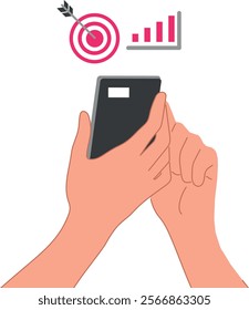 Digital business strategy with graph and target icons. Goal tracking and success planning