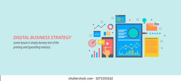 Digital business strategy, digital marketing, search optimization, analytics flat vector concept with icons isolated on blue background