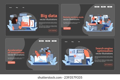 Digital Business suite. Analyzing big data, enabling remote work, accelerating innovation, optimizing SEO. Digital solutions for modern business. Flat vector illustration.