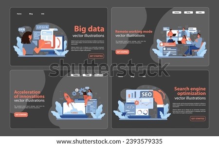 Digital Business suite. Analyzing big data, enabling remote work, accelerating innovation, optimizing SEO. Digital solutions for modern business. Flat vector illustration.