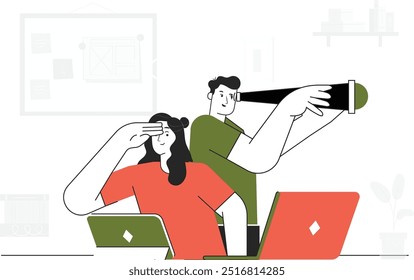 Concepto de flujo de trabajo de trabajo en equipo de negocios digitales - Ilustración de estilo de Vector plano