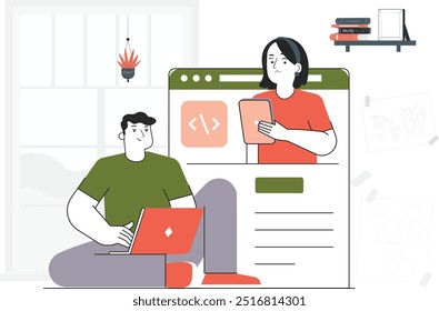 Digital Business Teamwork Workflow Concept - Flat Vector Style Illustration