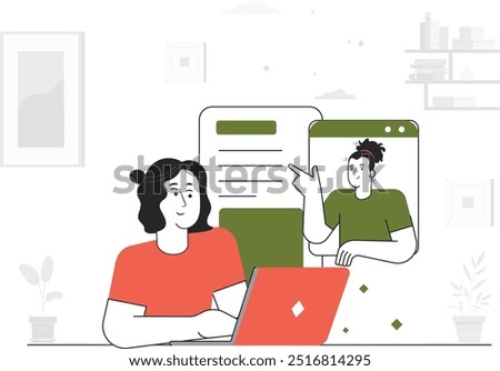Digital Business Teamwork Workflow Concept - Flat Vector Style Illustration