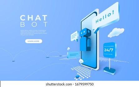 Digital business technology with artificial intelligence. mobile application online service with chat bot and consulting. vector 3d perspective illustration. 