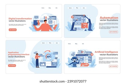 Juego de herramientas de Digital Business. Imágenes esenciales para la transformación digital, la automatización, la integración de API y la IA. Navegar por la era digital de manera efectiva. Ilustración vectorial plana.
