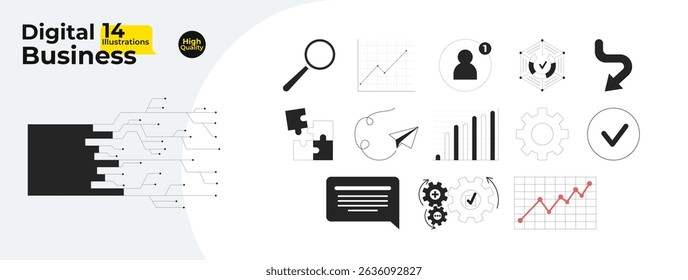Digital business tools and process optimization outline illustrations mega bundle. Workflow, analytics, data automation 2D linear images isolated. Collection black and white vector drawings