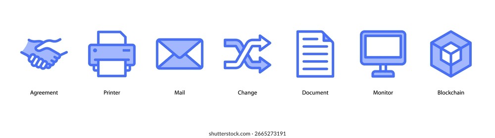 Digital Business Tools web banner icon vector illustration featuring Agreement, Printer, Mail, Change, Document, Monitor, and Blockchain for modern office operations.