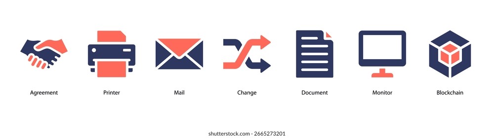 Digital Business Tools web banner icon vector illustration featuring Agreement, Printer, Mail, Change, Document, Monitor, and Blockchain for modern office operations.