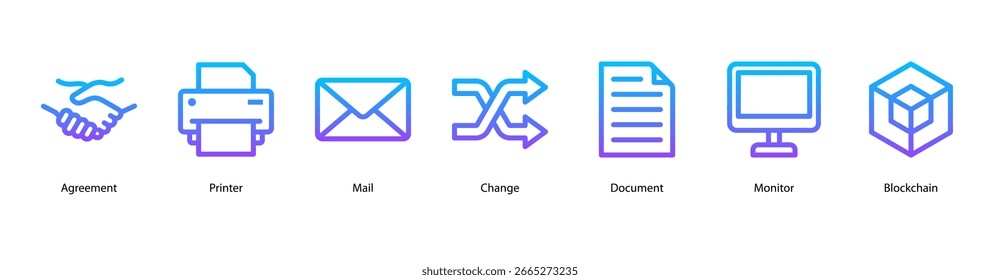 Digital Business Tools web banner icon ilustração vetorial com Agreement, Printer, Mail, Change, Document, Monitor e Blockchain para operações modernas de escritório.