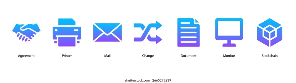 Webbanner-Vektorgrafik von Digital Business Tools mit Abkommen, Drucker, E-Mail, Änderung, Dokument, Monitor und Blockchain für moderne Büroabläufe.
