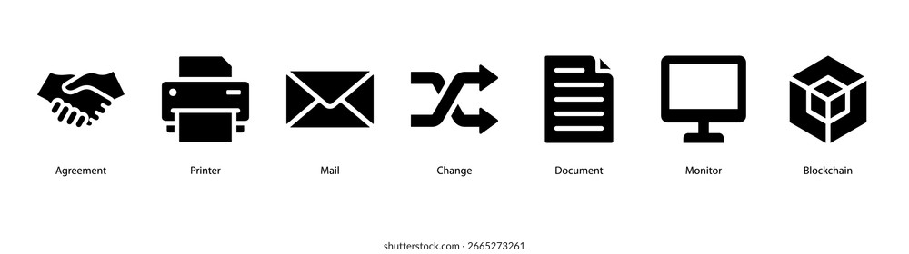 Digital Business Tools web banner icon vector illustration featuring Agreement, Printer, Mail, Change, Document, Monitor, and Blockchain for modern office operations.