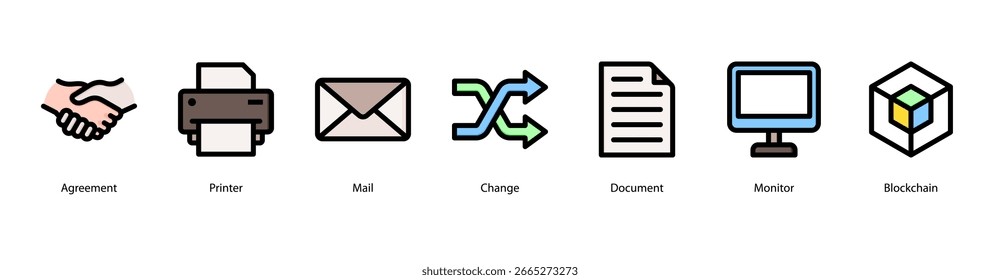 Digital Business Tools web banner icon vector illustration featuring Agreement, Printer, Mail, Change, Document, Monitor, and Blockchain for modern office operations.