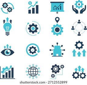 Conjunto de íconos de Vector de Transformación y Estrategia de Negocios Digitales con engranajes, bombillas de innovación, gráficos de crecimiento, círculos de equipo y redes globales.