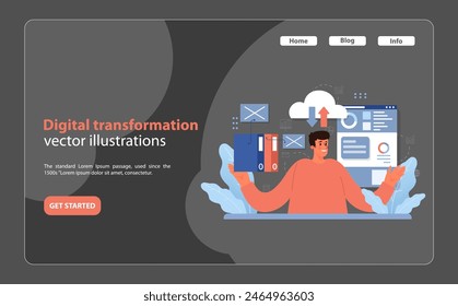 Digital Business transformation. A visionary leader orchestrates the shift to digital platforms, enhancing connectivity and data management. Flat vector illustration.