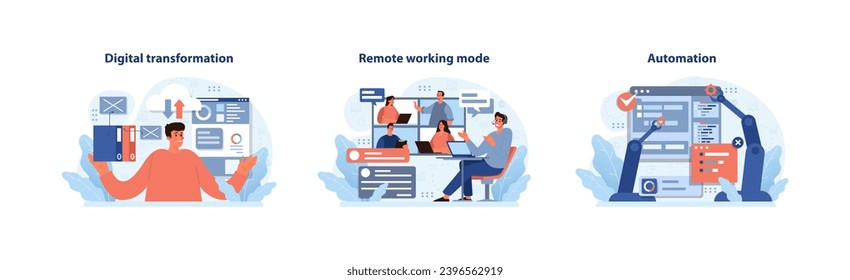 Digital Business trio. Seamless integration of digital transformation, remote work dynamics, and automation processes. Future of work and technology synergy. Flat vector illustration.