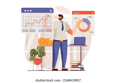 Digital business web concept in flat design. Man analyzing financial data infographic, develops and promotes company, increases profit. E-commerce and e-business. Vector illustration with people scene