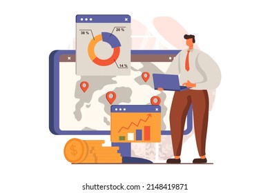 Digital business web concept in flat design. Man develops and promotes company, analyzing financial data, getting sales and profit. E-commerce and e-business. Vector illustration with people scene