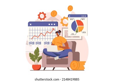 Digital business web concept in flat design. Woman analyzing financial data at laptop, create investment strategy and making startup. E-commerce and e-business. Vector illustration with people scene