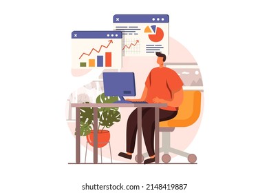 Digital business web concept in flat design. Man analyzing financial statistics at laptop, create strategy, invest money in startup. E-commerce and e-business. Vector illustration with people scene