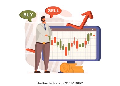 Digital business web concept in flat design. Man buys and sells shares on stock exchange, analyzes market and invests money profitably. E-commerce and e-business. Vector illustration with people scene