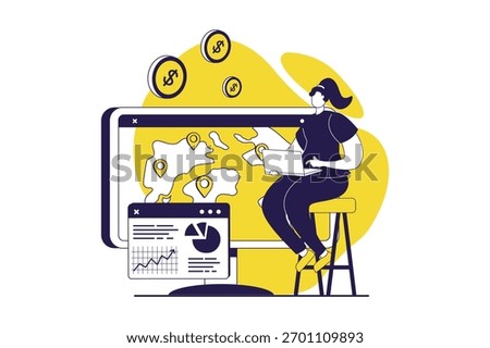 Digital business web concept with flat people for website design. Woman analyzing financial data on charts, working in online global commerce project, doing marketing research. Vector illustration.